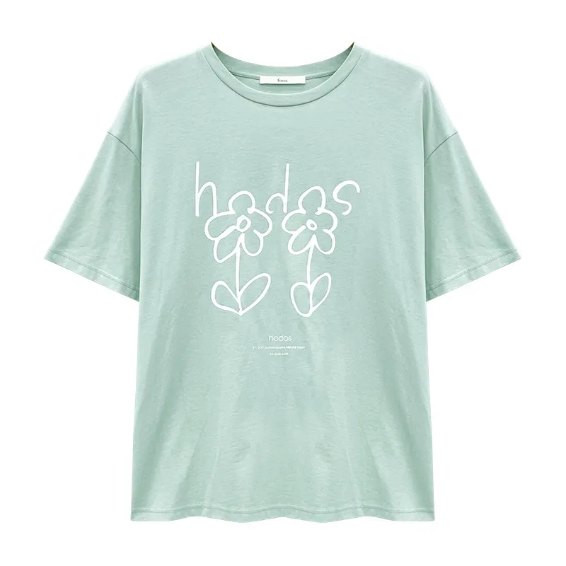 Loose Women's Short Sleeve T-Shirt Cotton Print - Green