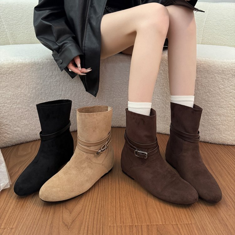 Women Faux Suede Flat Ankle Booties Wrap Around Strap With Metal Buckle Decor Round Toe Back Zipper Slouch Shaft Vintage Western Style Fall Winter Daily Casual Short Boots