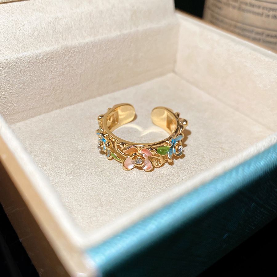 Vintage Floral Open Ring With Colorful Cubic Zirconia French Retro Flower Ring Elegant Adjustable Ring For Women
