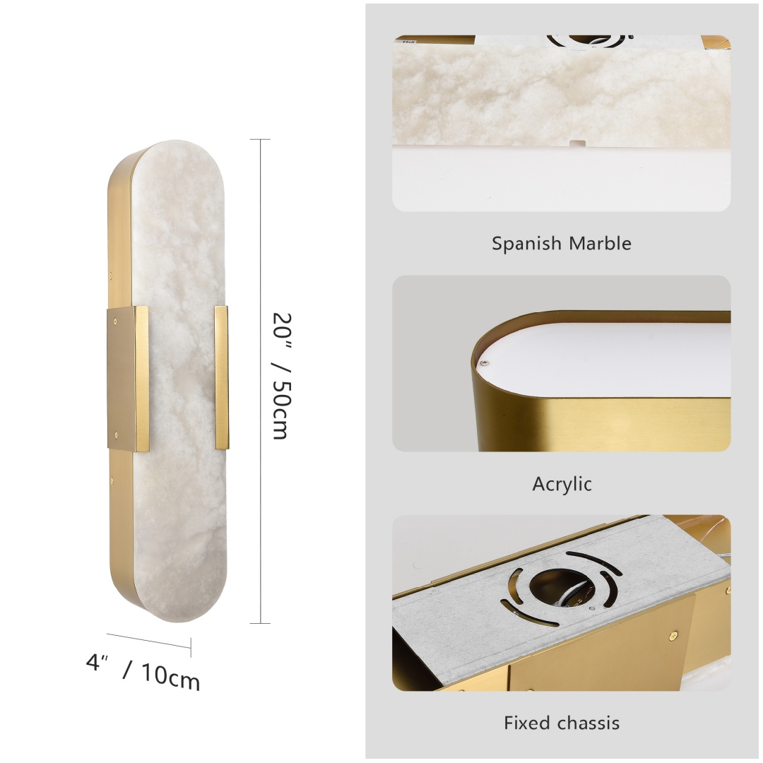 19.7in Natural Marble Wall Sconce, Gold Sconces Set Of Two, Indoor Modern Bathroom Sconces Wall Lighting For Living Room, Bedroom, Hallway, Stairs