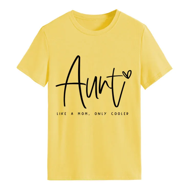 AUNT LIKE A MOM Fashion Round Neck Loose Short Sleeves - Yellow Black Font
