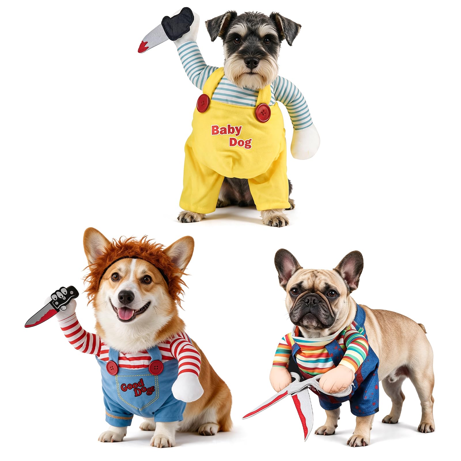 Scary Doll Dog Halloween Costume Set With Fake Knife And Wig Funny