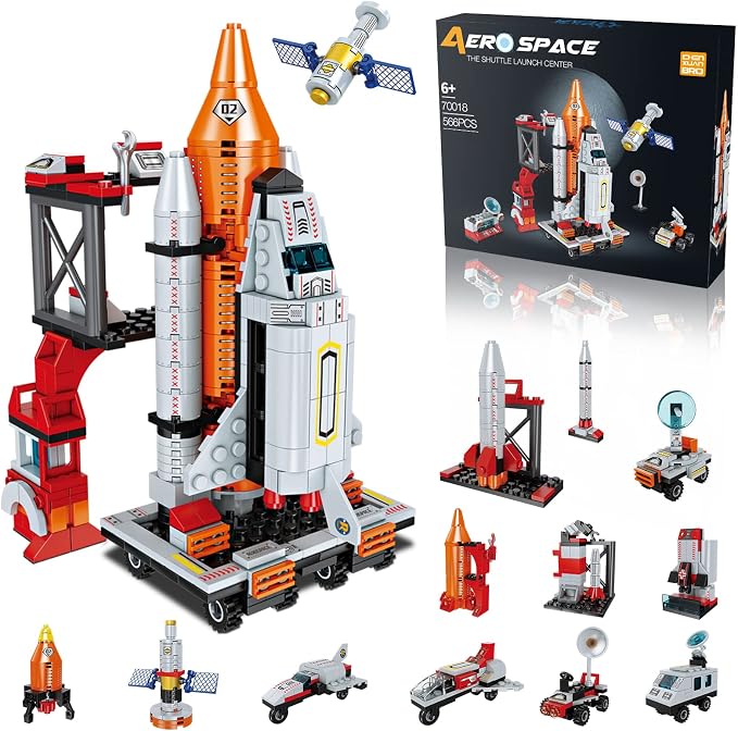 12-in-1 STEM Space Exploration Shuttle Building Kit With Transport Rocket, Launcher And 566 Pieces