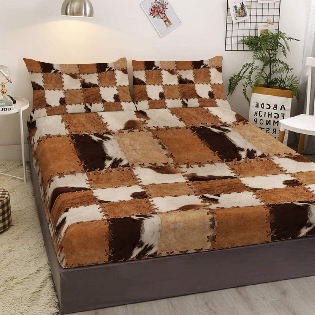 3PCS Bed Fitted Sheet Set, Simulated Stitched Leather Printed Fitted Sheet, Brown,1 Fitted Sheet, 2 Pillow Cases