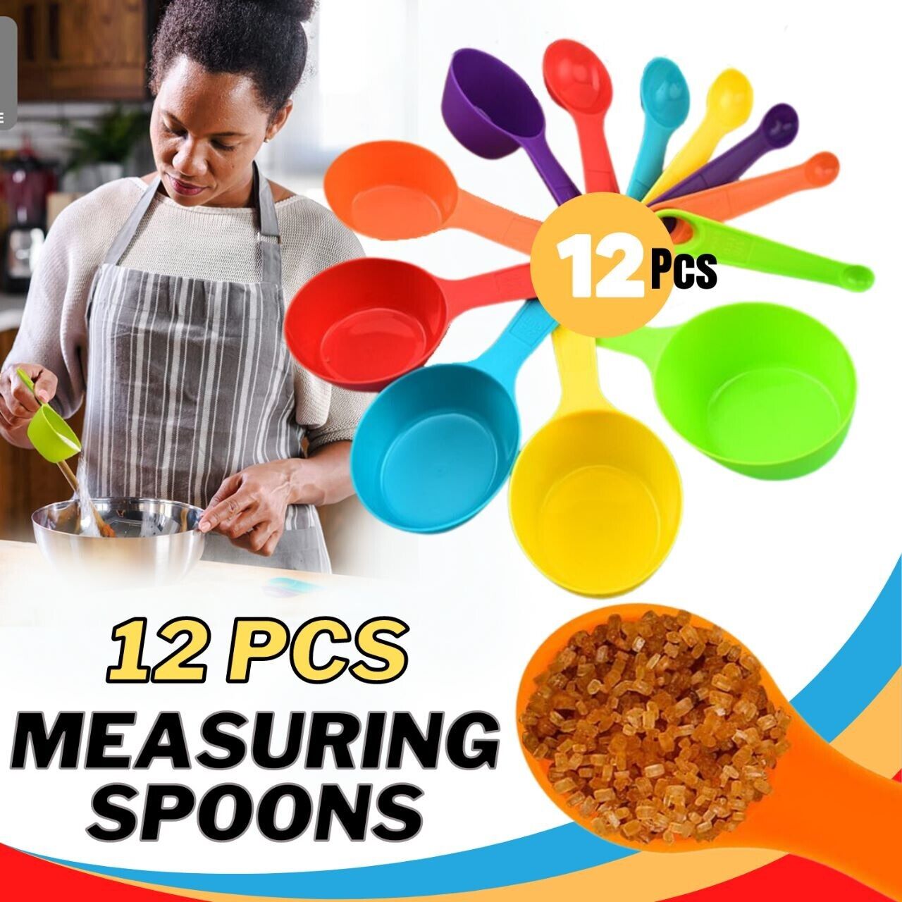 6 Measuring Spoons and 6 Cups Set. we ship only inside the US, USPS First Class Package 2 Day Handling , 2-5 Day Shipping. 12-Piece Plastic Measuring Cups and Spoons Set Great for Baking and Cooking 12 Piece Measuring Cups and Spoons Set, Colored Kitchen 