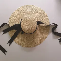 Big Brim Ribbon Bow Flat Top Straw Hat - Black - View 1