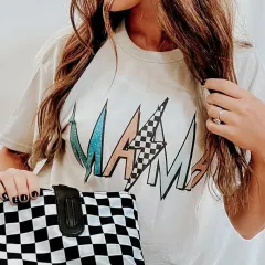 Women's Short Sleeves With Black And White Check Printing - White - View 1