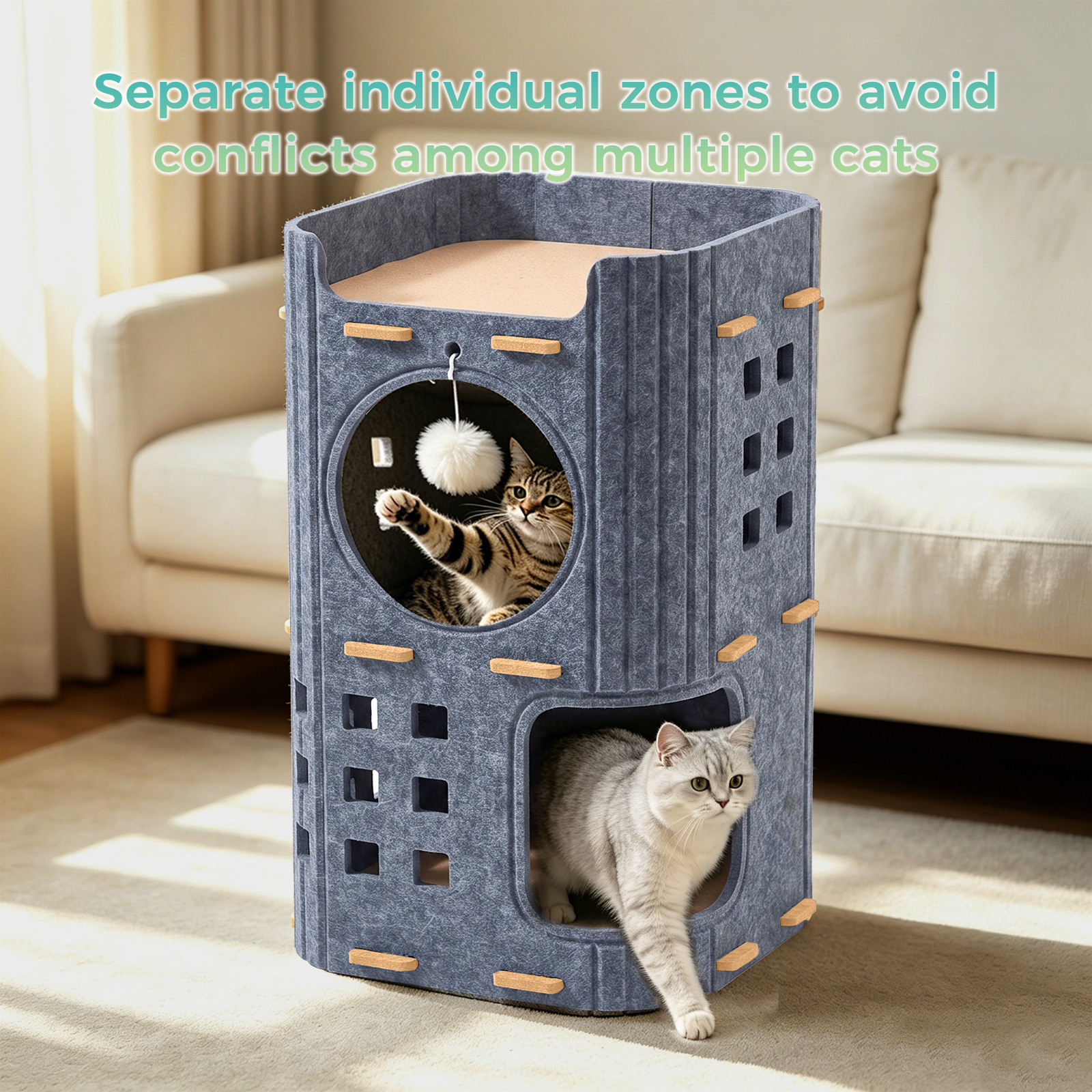 3-Tier Felt Cat Tower House, Multi Level Cat Cave Condo, Indoor Stackable Cat Hideaway Shelter With Hanging Toy Ball — foto 2