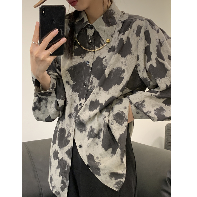 Title 5, Blouse Long Sleeve Black Gray Color Block Leopa...