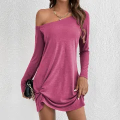 Loose Solid T-shirt Casual Dress - Red - View 1
