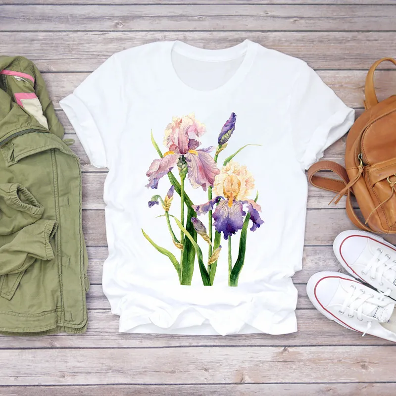 Flower Fashion Print White Short Sleeve - Gh69E
