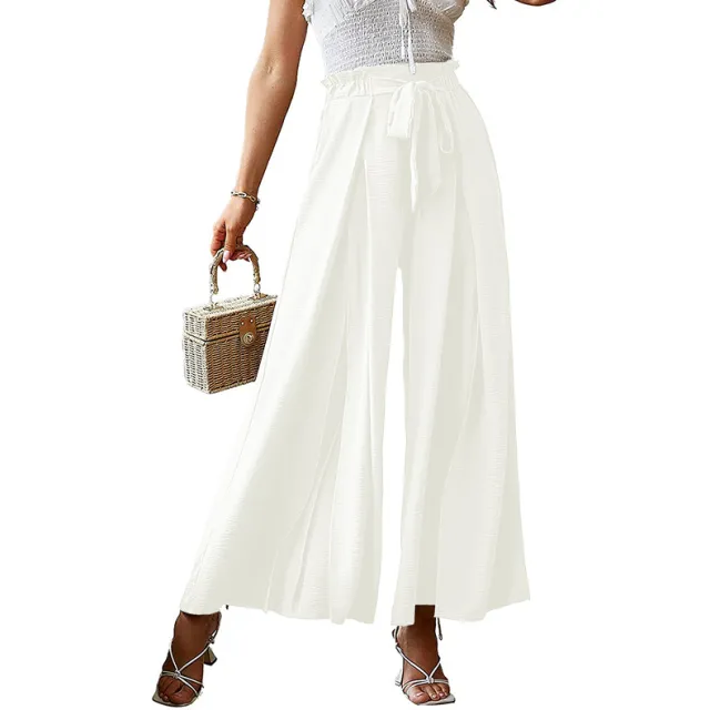 European And American Bow Loose High Waist Pleated Wide Leg Pants White - Shop at LoveMi
