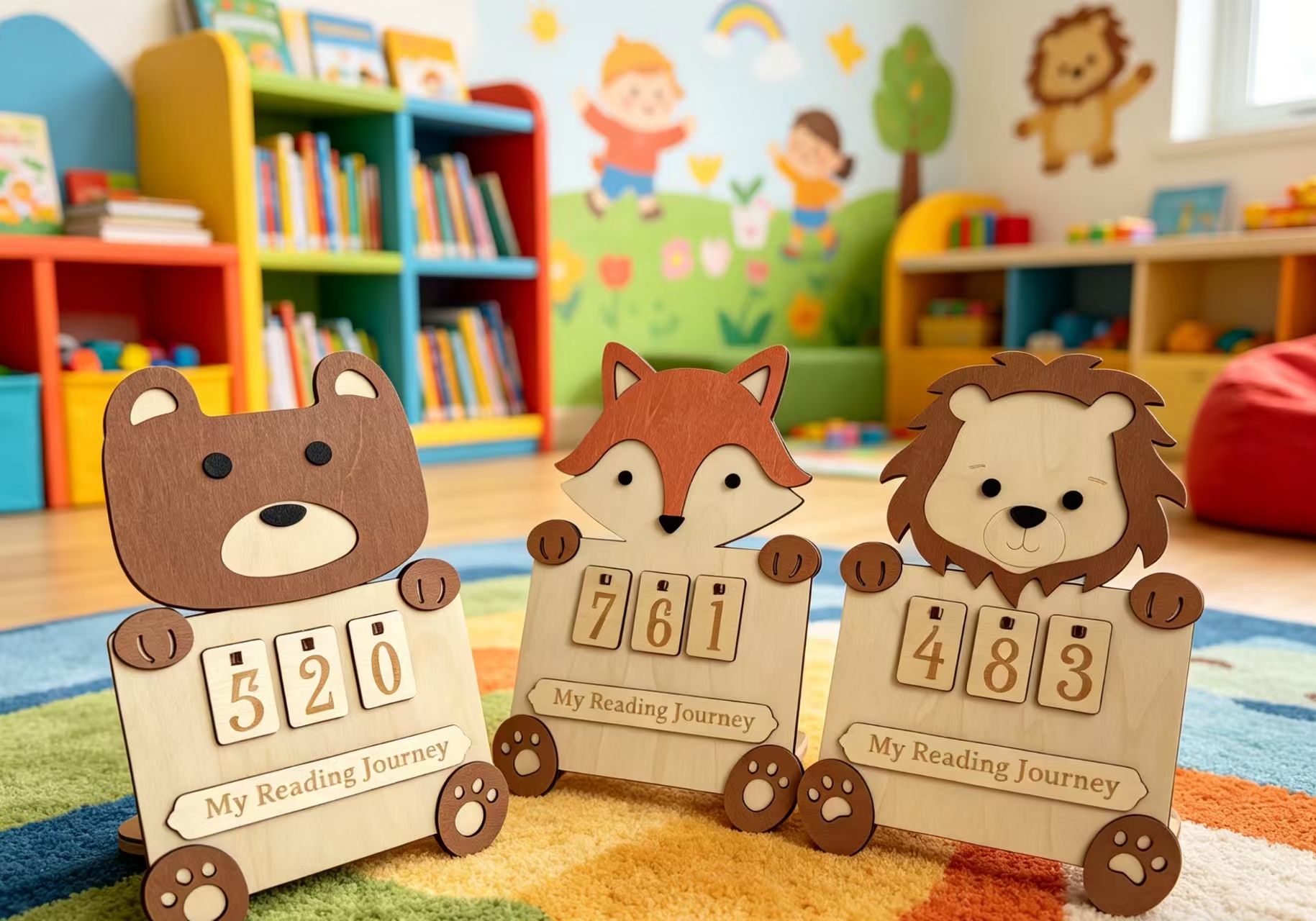 Wooden Reading Counter Tracker Fox Lion Bear Animal Reading Journey Counting Sign Book Log Keepsake Desk Decor
