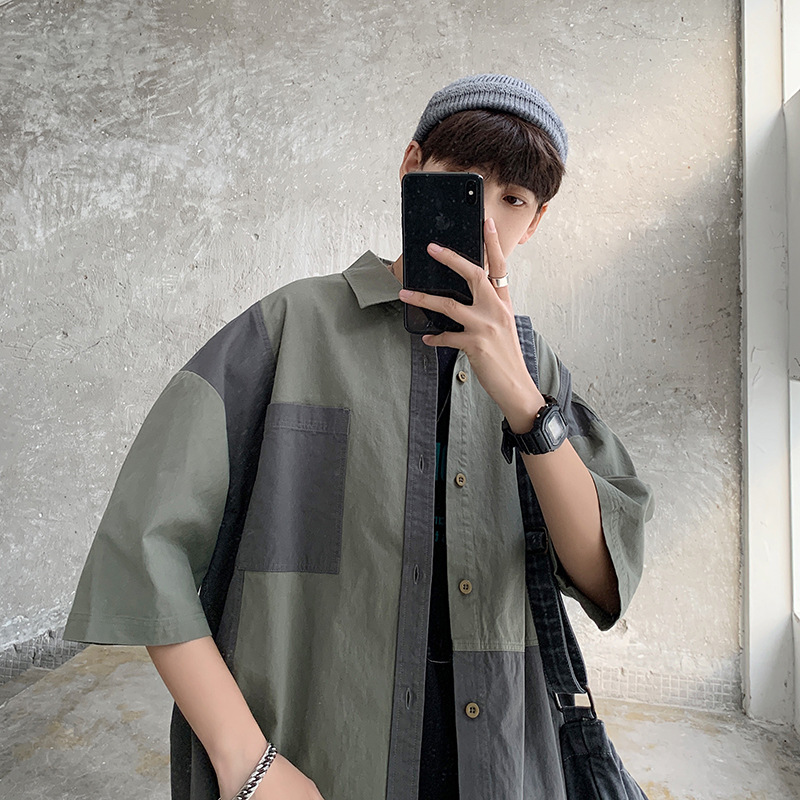 Men's Loose Vintage Patchwork Half Sleeve Shirt