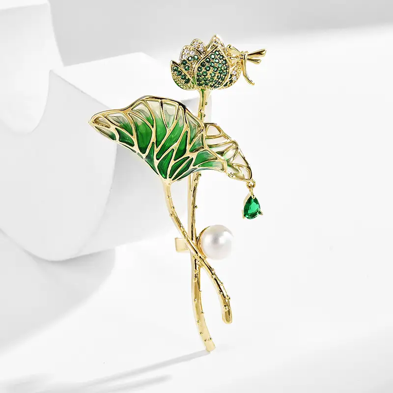 Lotus Flower and Leaf Brooch with Pearl and Dragonfly Accent