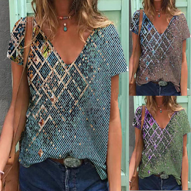 Tie-dye Geometric Print V-neck Short-sleeved T-shirt