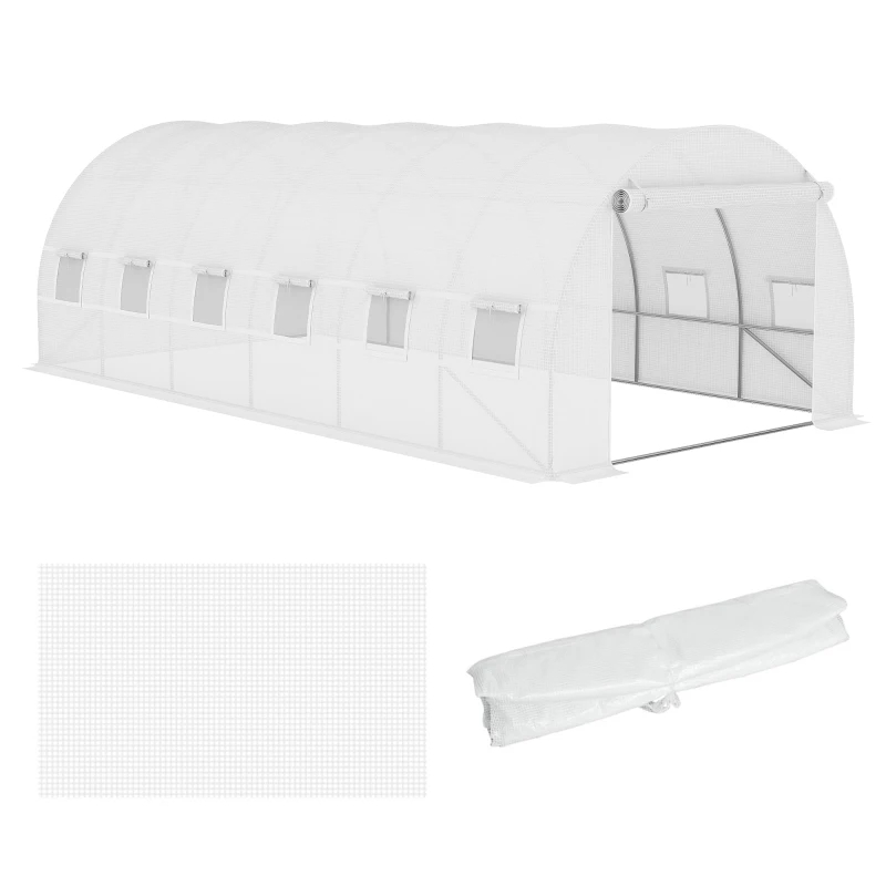 Plastic Greenhouse Cover Replacement, Heavy Duty Waterproof Tarp For Hoop House, Sheeting With 12 Windows, Door & Reinforcement Grid, White