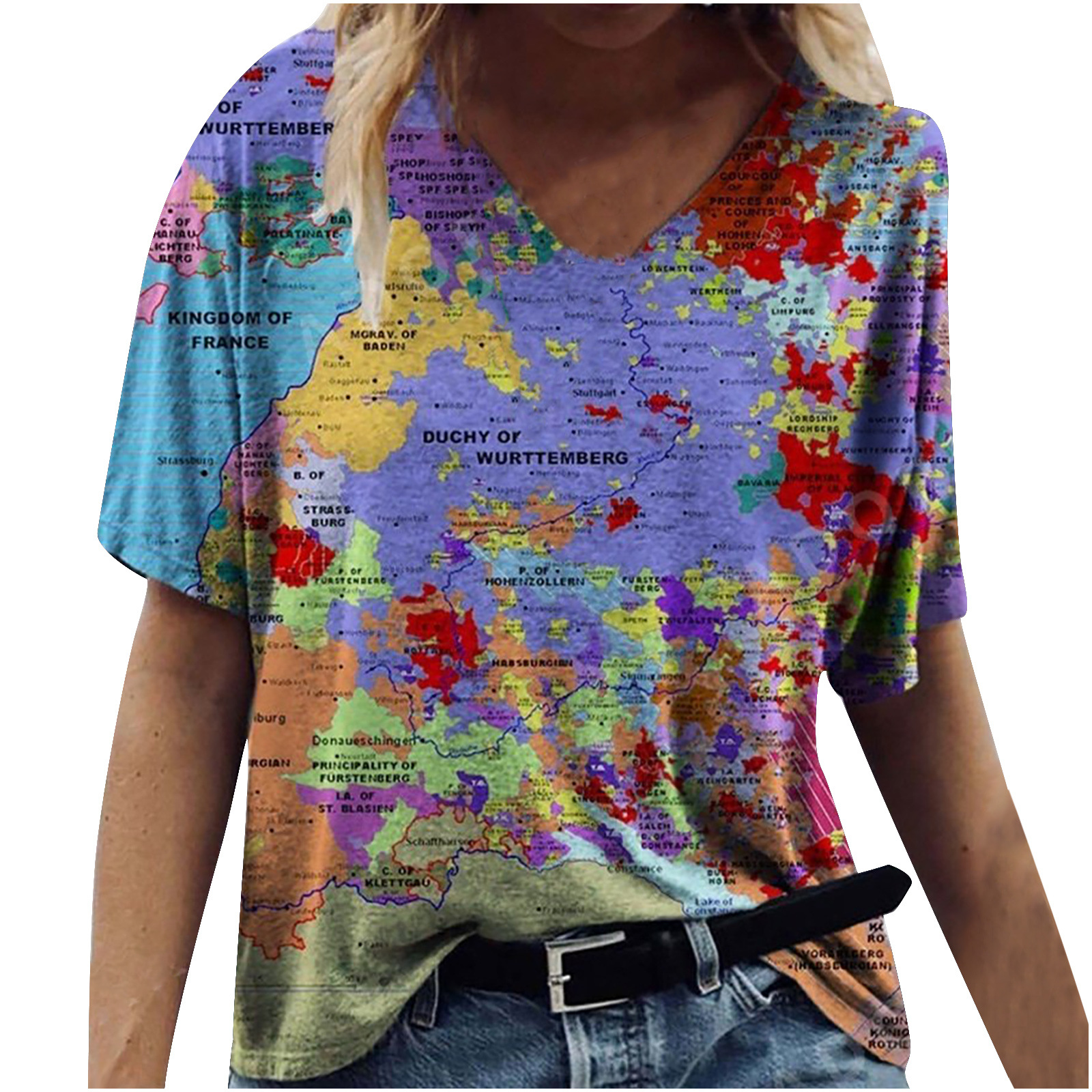 Title 6, New Female Map Print V-Neck Short-Sleeved T-Shirt