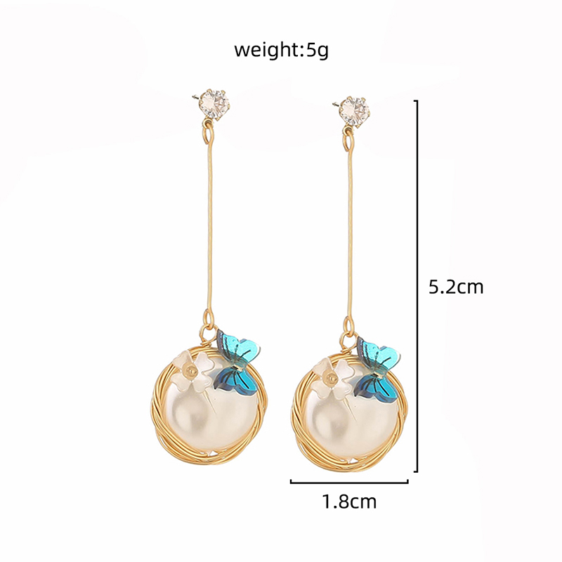 Net red hot jewelry, pure white imitation baroque pearl long earrings, handmade butterfly flower small fresh earrings