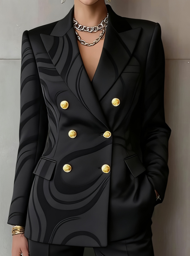 Retro Geometric Double-breasted Suit Jacket For Women, Long-sleeved, Slim Fit, Suitable For Commuting.