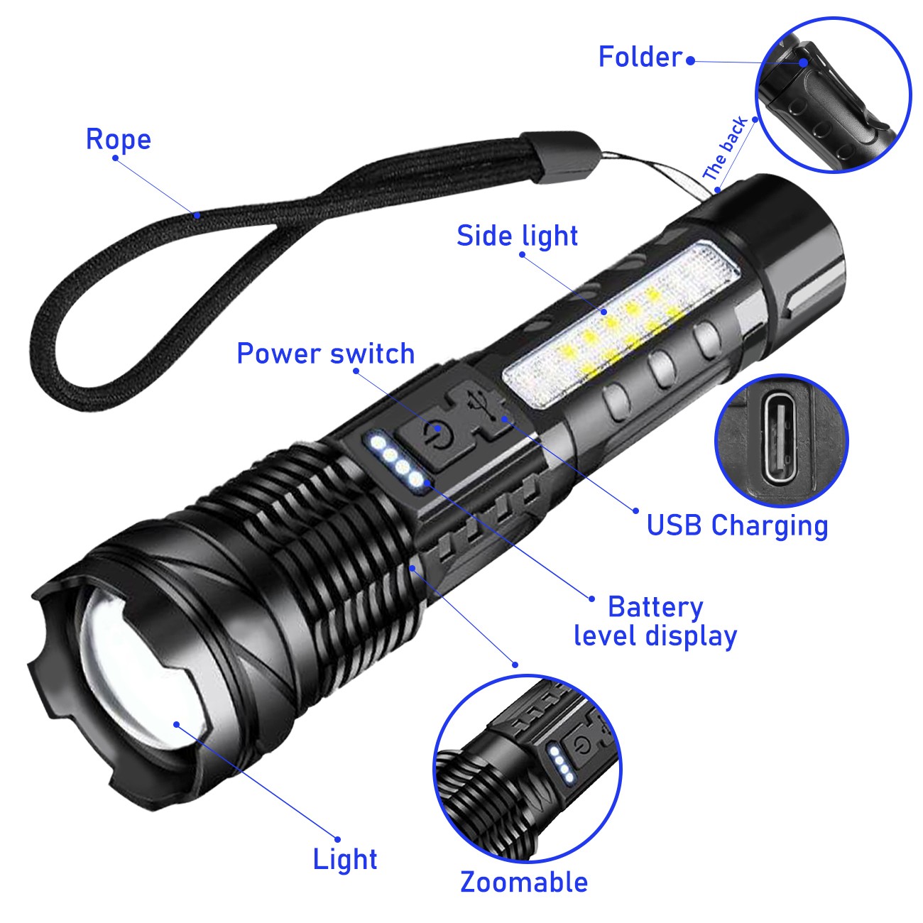 Rechargeable LED Flashlight Zoomable Tactical Torch Police Super Bright Work Light Lamp Red White Blue 3 Light USB Charging