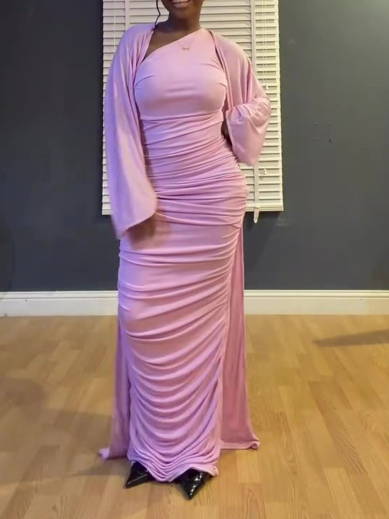 Draped Ruched One Shoulder Maxi Dress & Matching Shawl 2-Piece Set