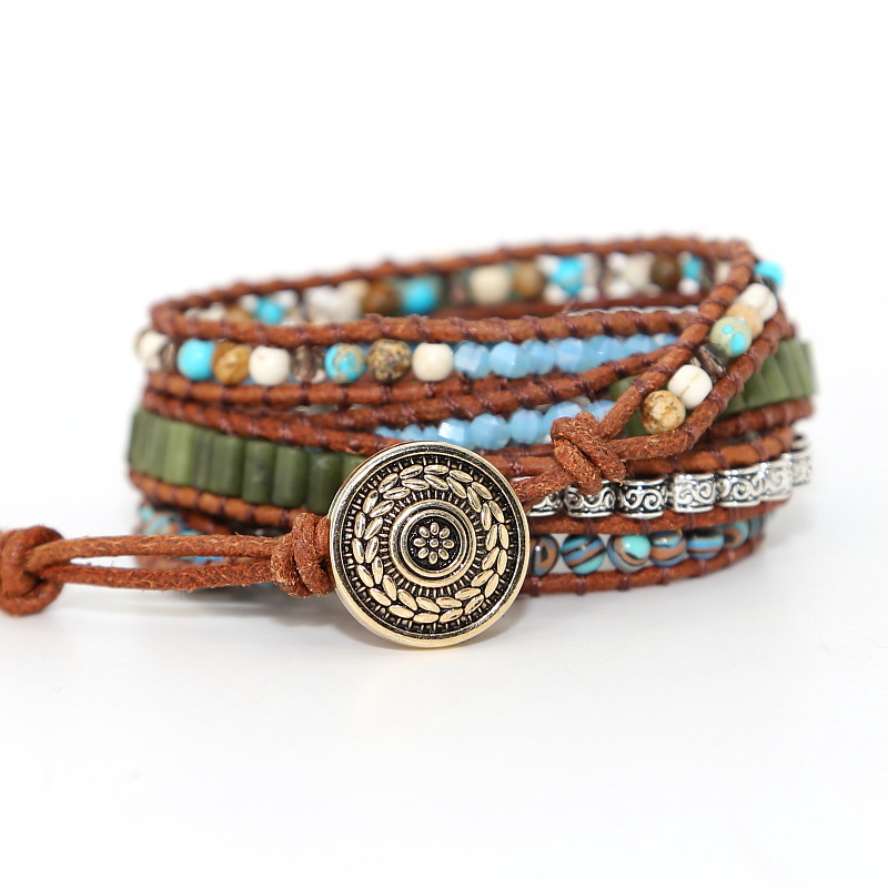Imperial Turquoise Hand Woven Leather Bracelet Bohemian Multilayer Bracelet