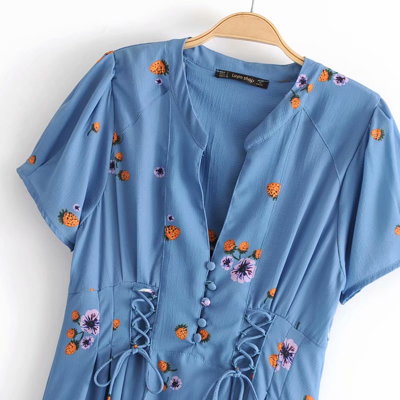 Women's A-line Short Sleeve Lace Button Dress