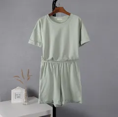 Hirsionsan Summer Cotton Sets Women Casual Two Pieces Short - Green - View 1
