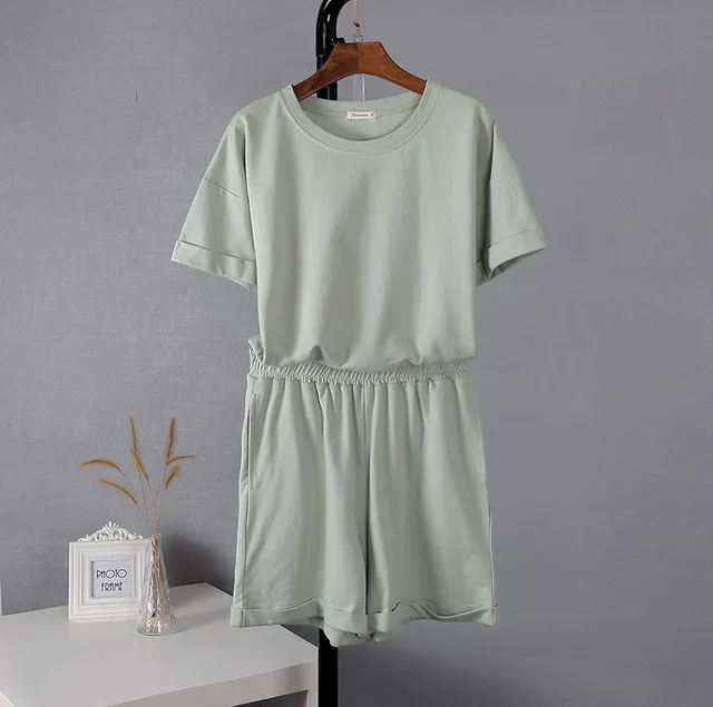 Hirsionsan Summer Cotton Sets Women Casual Two Pieces Short Green - Shop at LoveMi