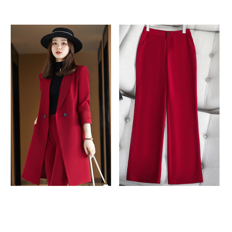 Long Sleeved Suit Jacket Women's Business Wear Long Trench Coat Wine Red Suit Pants - Shop at LoveMi