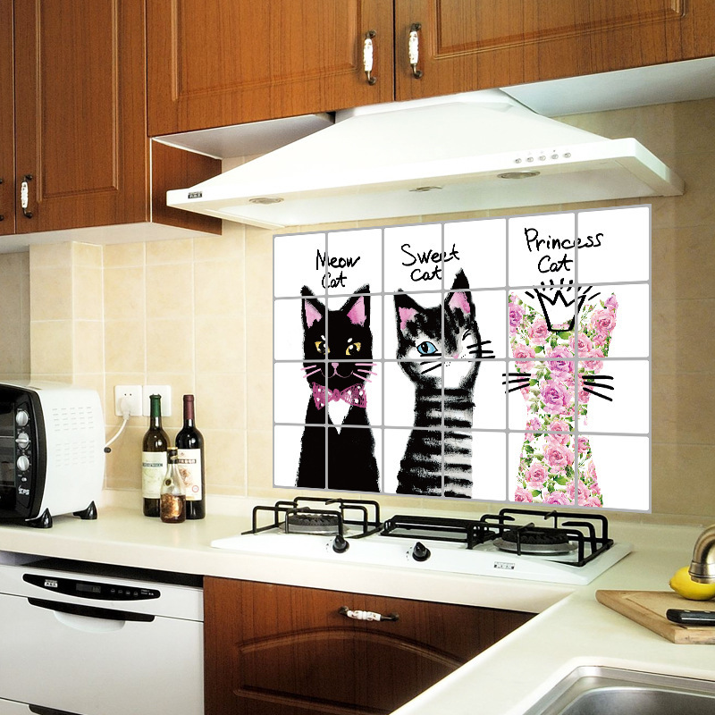 Three Kittens Kitchen Lampblack Tile Wall Background Decoration Room Sticker Paper