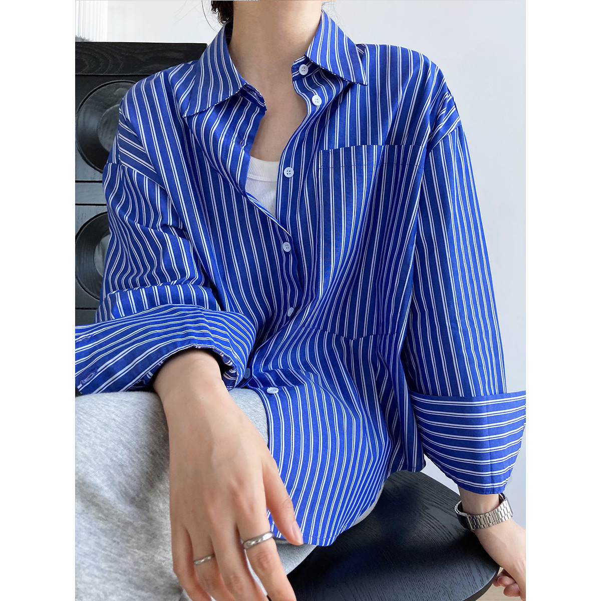 Title 3, Loose Bf Lapel Large Pocket Long Sleeve Shirt