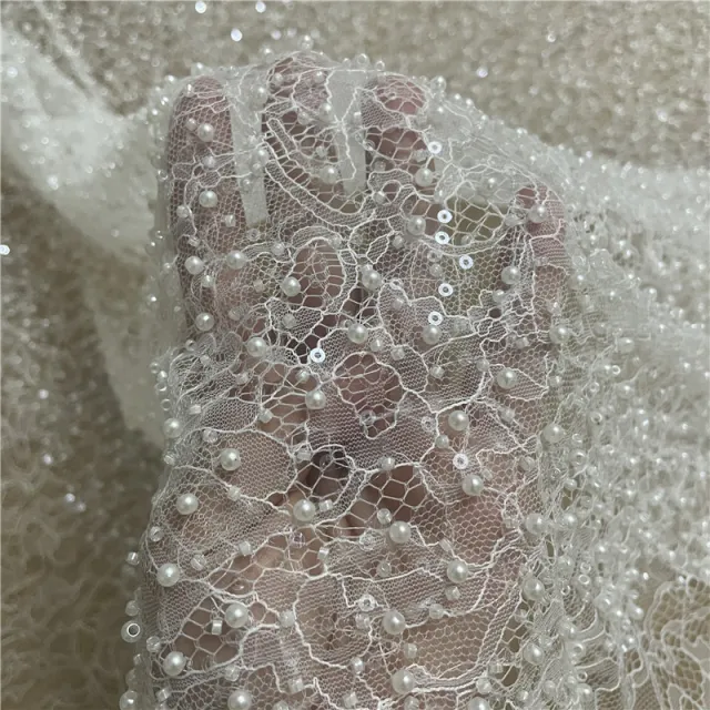 Lace Bottom Studded Sequin Lace Fabric White - Shop at LoveMi