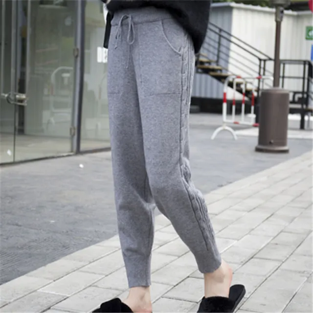 All match Knitted Harem Pants Fashion Solid Color Hemp Lace Thickening Grey - Shop at LoveMi