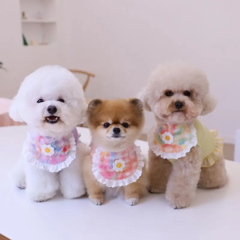 Cute Dog Plaid Lace Bib Pet Saliva