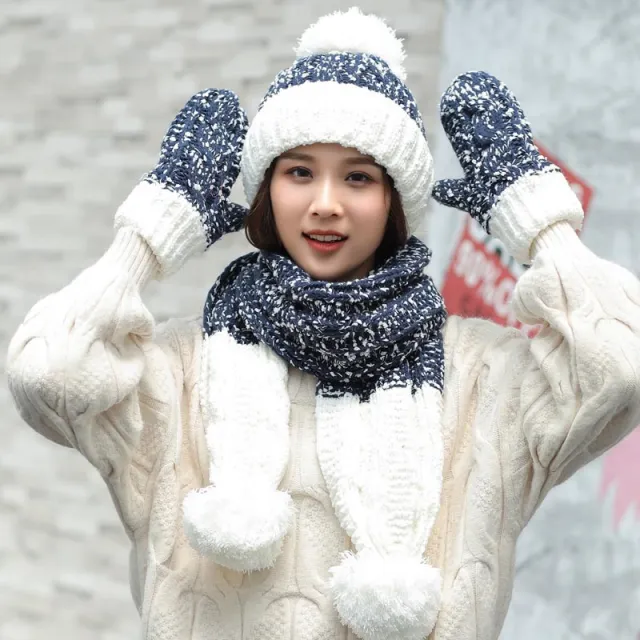 Cute Knit Hat Scarf Gloves Set Of Three White And Blue - Shop at LoveMi