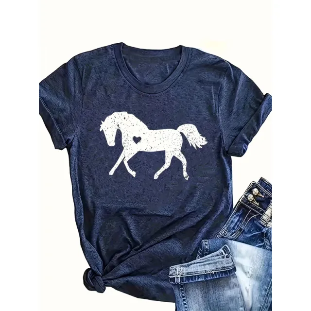 Women's Classic Horse Silhouette T Shirt Casual Crew Neck Summer Shirt Dark Blue - Shop at LoveMi