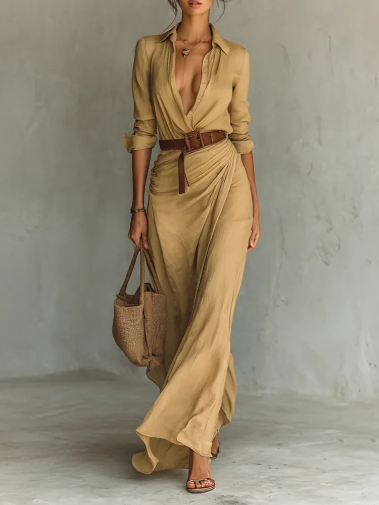 Women's irregular ruffle long dress in white – slim waist elegant solid color no belt
