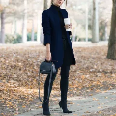 Autumn And Winter New Fashion Stand Collar Women's Woolen Coat - Navy Blue - View 1