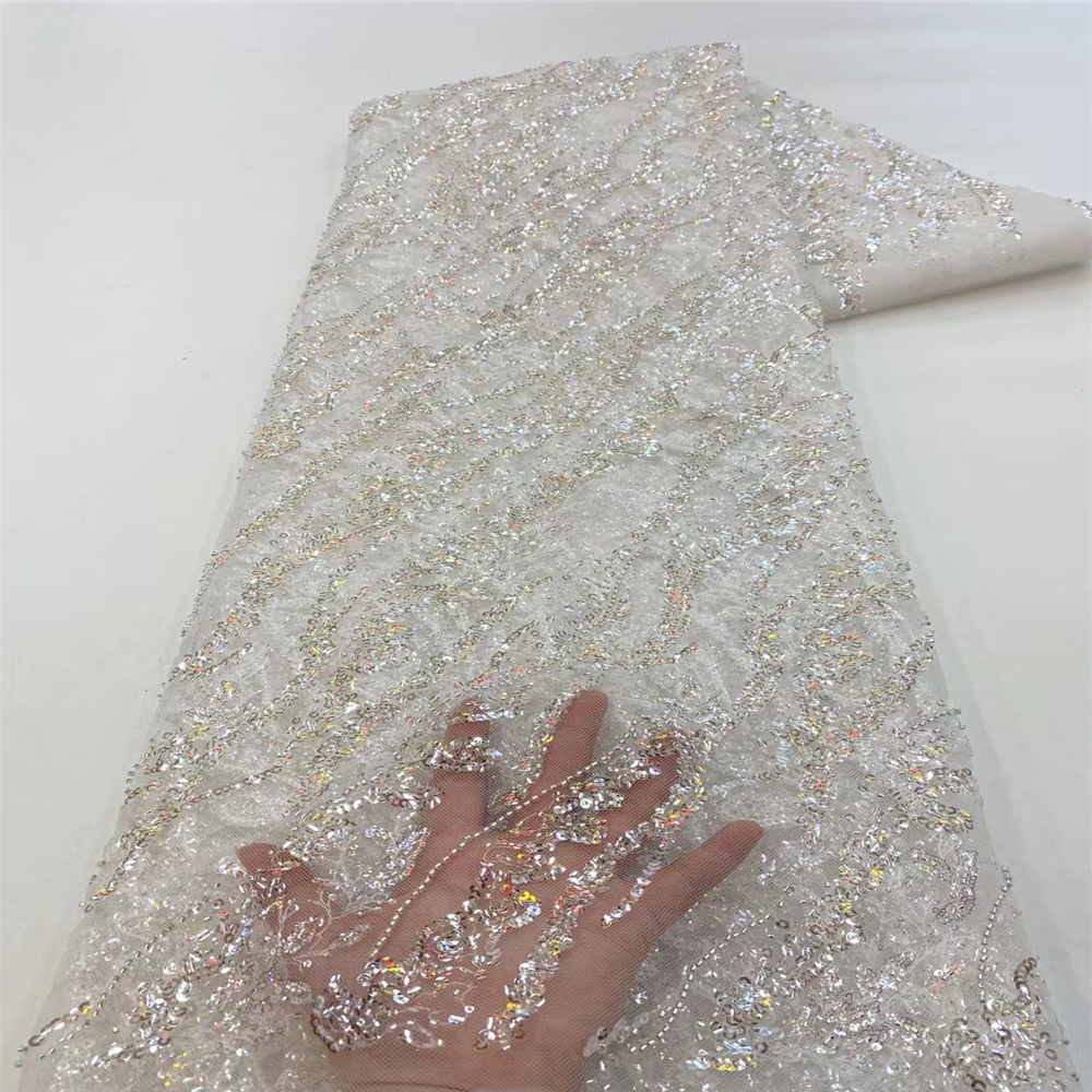Fashion Wave Stripe Sequins Wedding Dress Lace Mesh Fabric - Image 2