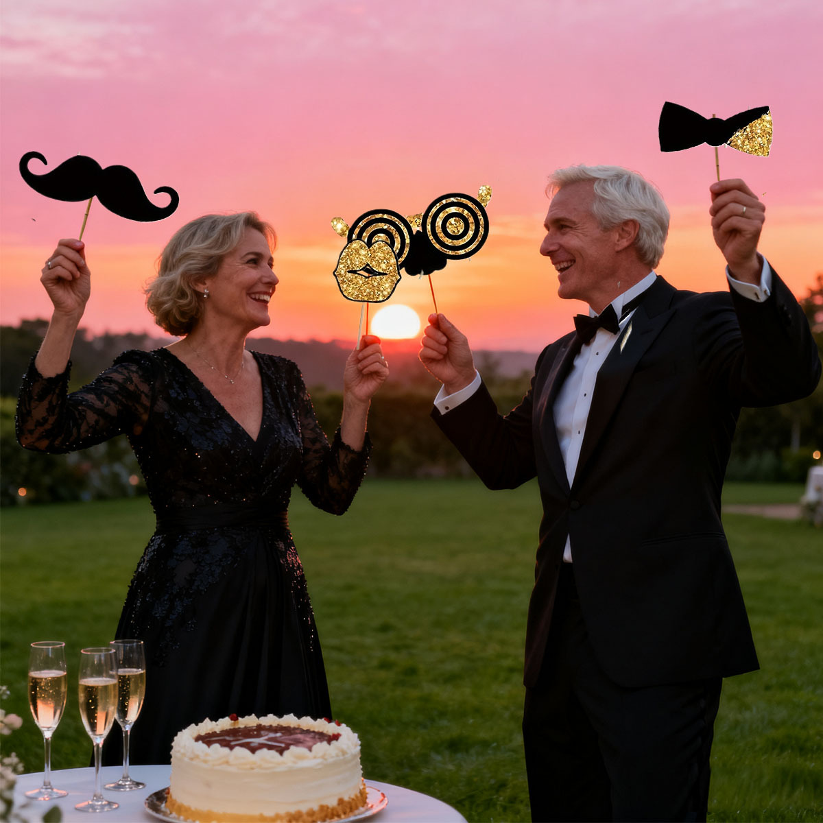 24-piece Birthday Party Photo Prop Set, Including Mustaches, Glasses, Hats, Wigs, And Crowns - Gold And Black Theme, Suitable For 40th, 50th, 60th Weddings, Graduations, Birthday Decorations, Selfie A 5