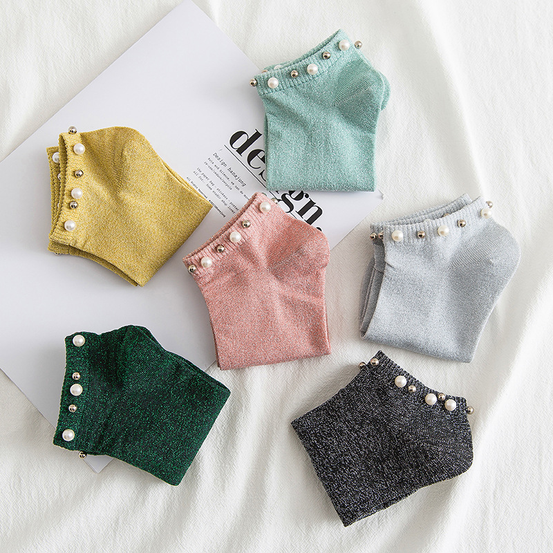 New Female Handmade Beaded Silver Silk Pearl Boat Socks