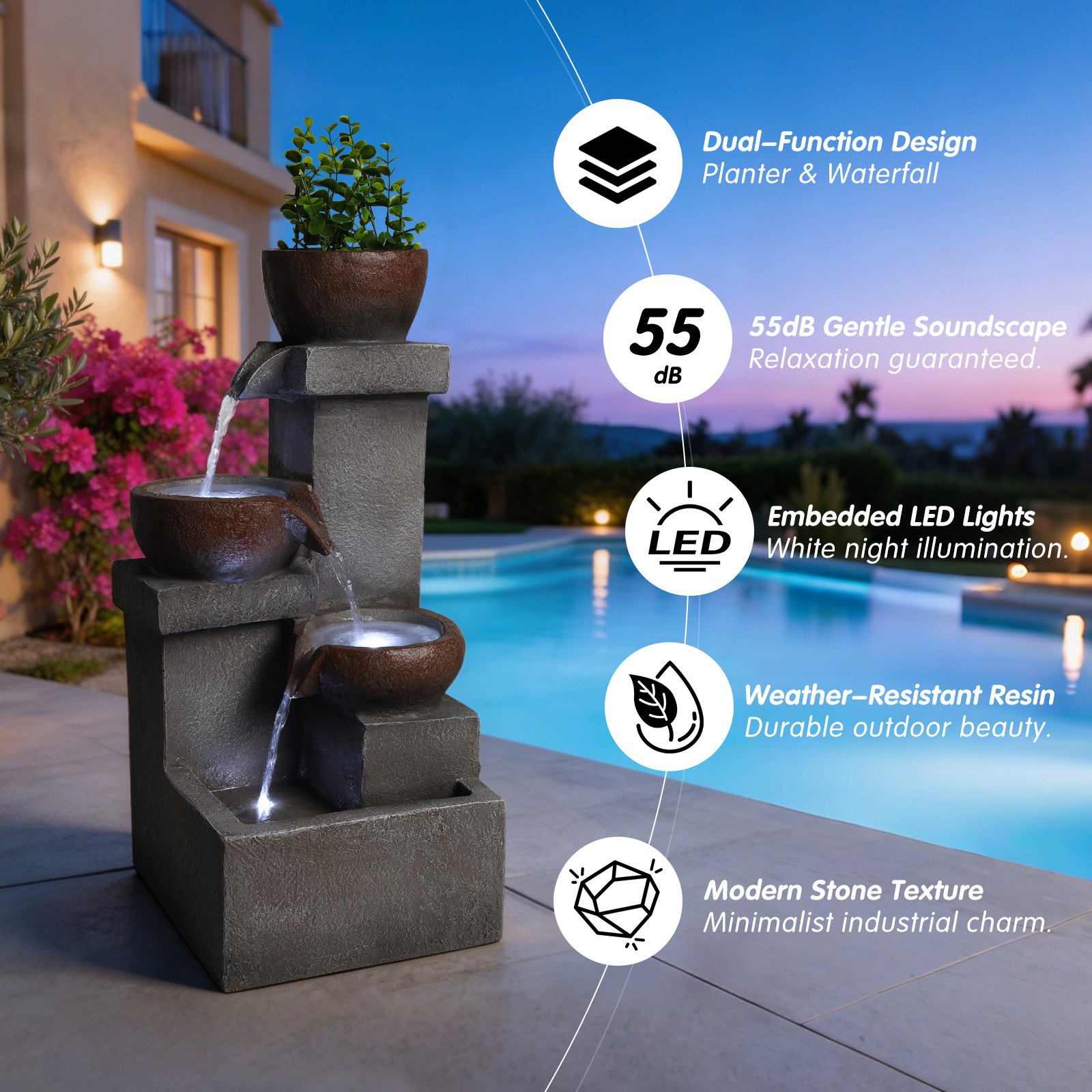 Outdoor Water Fountain Tiered Cascading Jar Waterfall Resin Garden Patio Decor With LED Lights — foto 7
