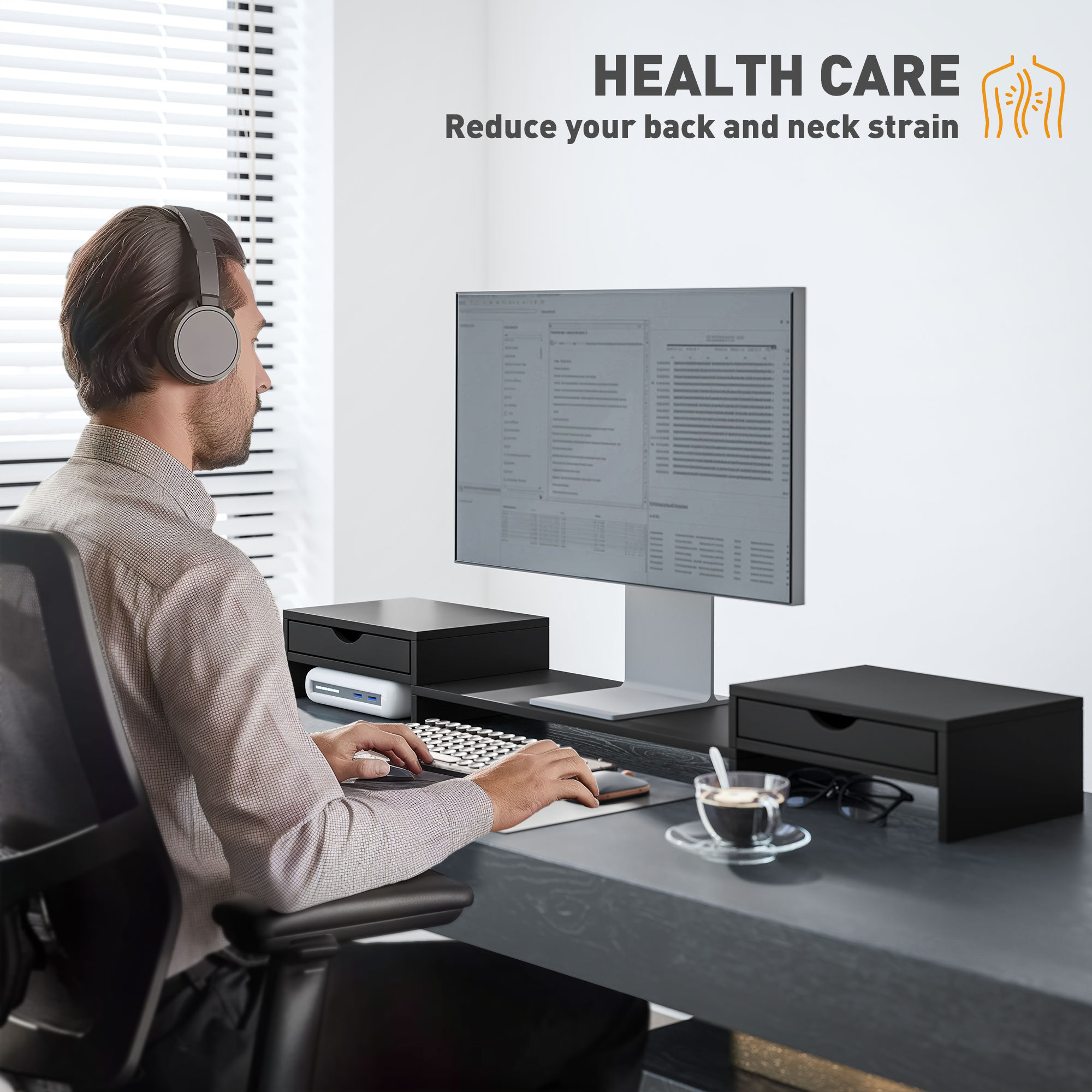 Dual Monitor Stand With 2 Drawers, Adjustable Length And Angle, 116cm Suitable — image 12