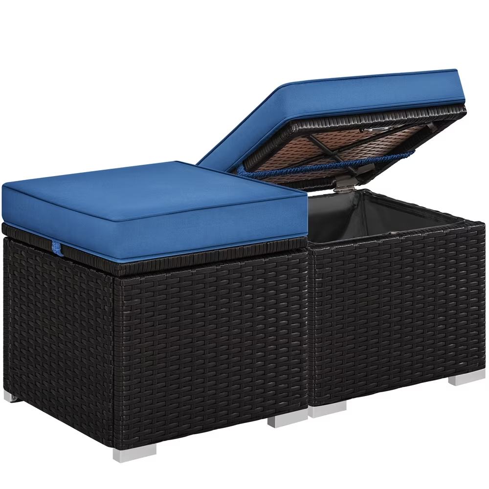 Courtyard Rattan Storage Footrest Stool  With Soft Cushion , 2-piece Set, Brown-dark Blue  Limited To Five Orders Per Address