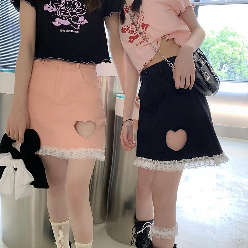 Black Lace Love Hollow Denim Skirt Female Loose High Waist Thin A-line Skirt Student