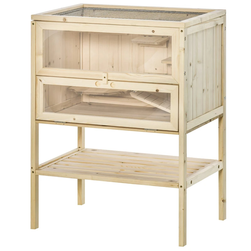 3-Tier Wooden Hamster Cage Mice And Rat Cage Small Animals Hutch With Openable Top, Front Door, Shelf, Natural Wood