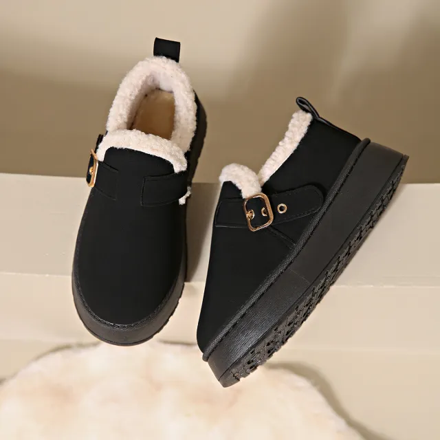 Fashion Round Toe Ankle Boots With Buckle Design Winter Warm Thickened Cotton Shoes Suede Flat Boot For Women Black - Shop at LoveMi