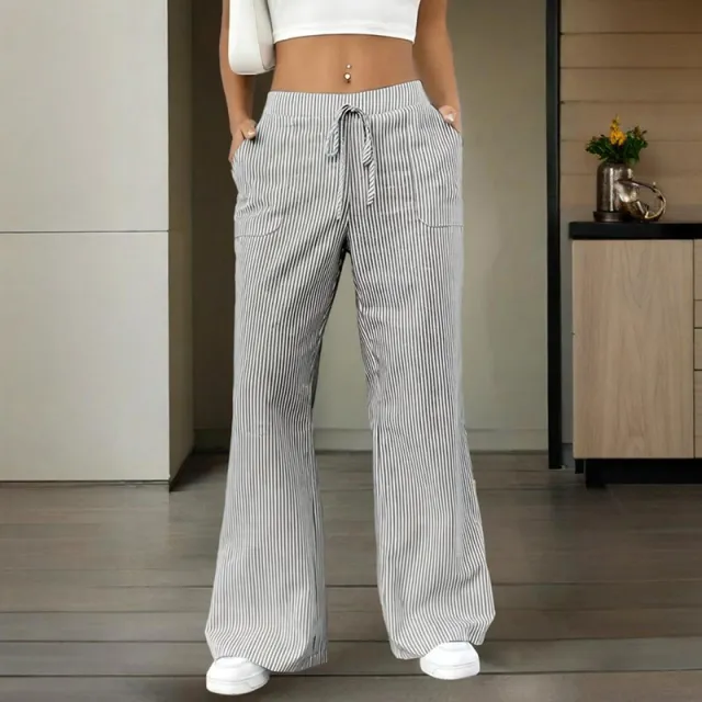 Women's Striped Wide Leg Pants With Pockets & Tie Waist Detail Casual Minimalist Trousers Gray - Shop at LoveMi